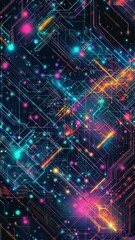 Fototapeta premium Dazzling Technological Wonderland. A captivating abstract digital image featuring a vibrant, intricate network of intersecting lines, shapes, and glowing lights in a stunning array of neon colors.