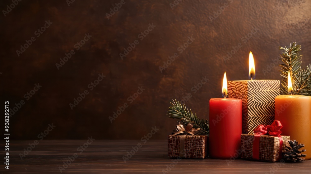 Poster a table with candles and presents on it. the candles are lit and the presents are wrapped in red pap