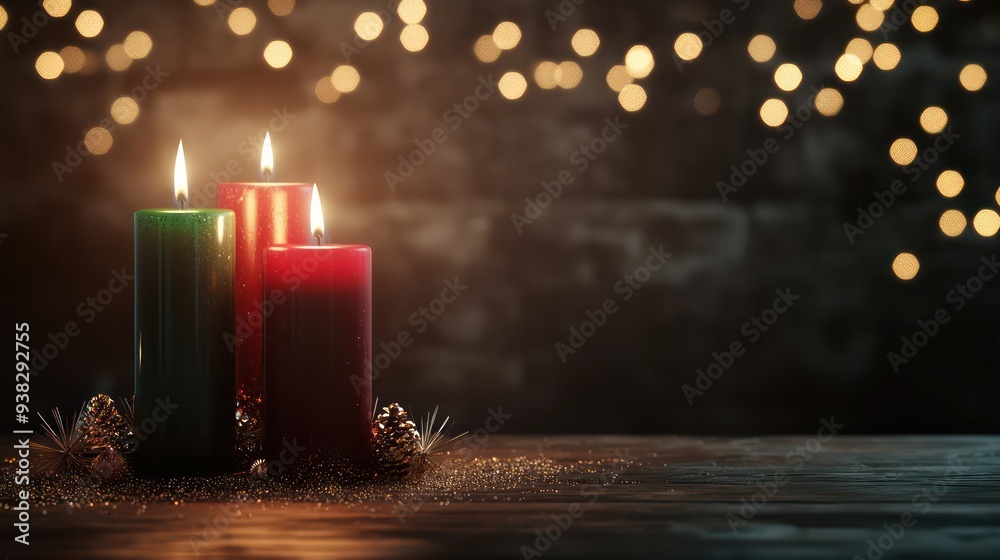 Poster three candles are lit on a table, creating a warm and cozy atmosphere. the candles are green, red, a