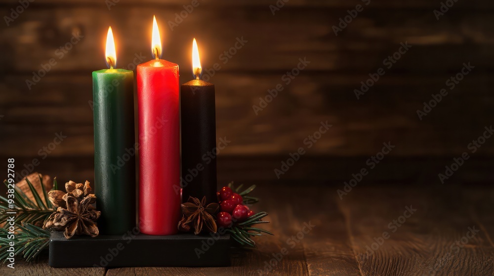 Poster three candles are lit on a wooden table with pine cones and berries. the candles are arranged in a r