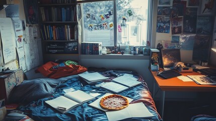 A cozy and cluttered bedroom scene with a unmade bed, notebooks, and a pizza on the covers, capturing a moment of casual studying and relaxation in a creative space. 