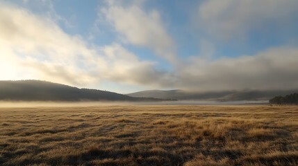 Obraz premium A serene landscape depicting a misty meadow at dawn, with soft clouds hovering over distant hills, creating a peaceful and tranquil atmosphere. 