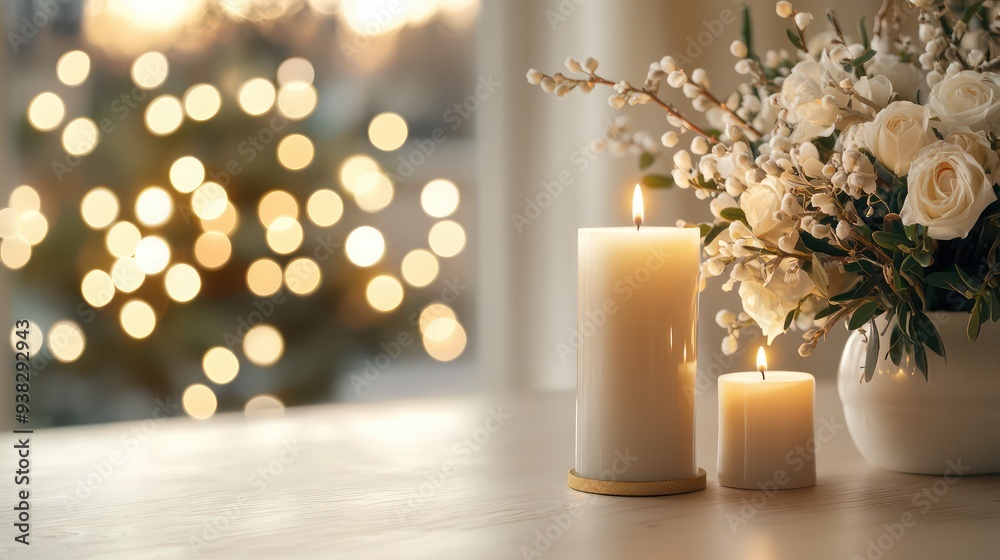 Poster a table with two candles and a vase of flowers. the scene is warm and inviting, creating a cozy atmo