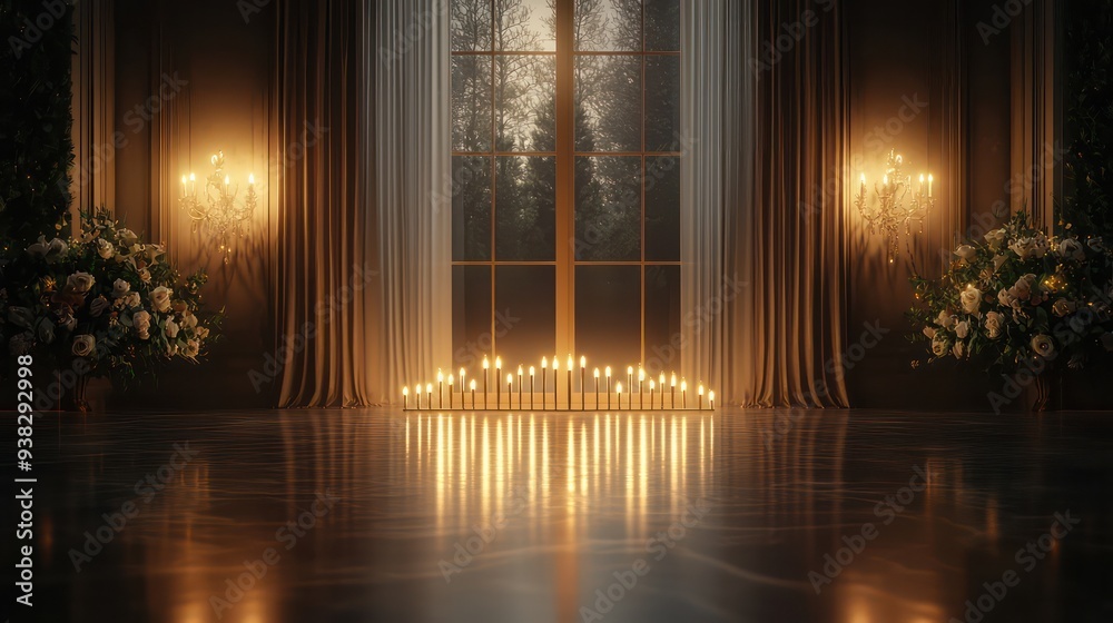 Poster a room with a window and a curtain. the curtain is open and the room is lit up with candles