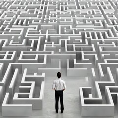 A businessman stands in front of a complex maze, symbolizing the difficulties on the way to success.