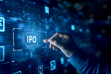 Fototapeta premium Interactive Touchscreen Tech: Smart Home, Cybersecurity, and Digital Interfaces in Modern Business. Person Pushing 'IPO' on a Touchscreen Interface. HD Landscape Wallpaper for Desktop PC