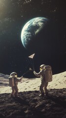 Obraz premium Two Astronauts Flying a Kite on the Moon with Earth in the Background
