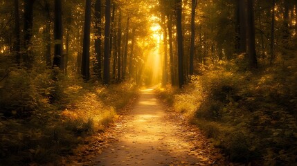 Fototapeta premium A mesmerizing forest path bathed in the golden hues of the early morning or late afternoon sun.