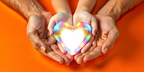 Holographic family hands holding glowing heart on white background, symbolizing unity and love in diverse families. Ideal for social campaigns and promotions. Photo Stock concept.