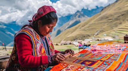A skilled artisan weaves vibrant textiles in the Andean landscape, showcasing traditional craftsmanship and cultural heritage. 