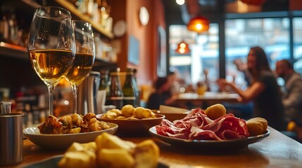 A traditional Spanish tapas bar with small plates of patatas bravas, jamón ibérico, and a glass of sangria, with lively conversation in the background. A beautifully arranged table featuring two glass