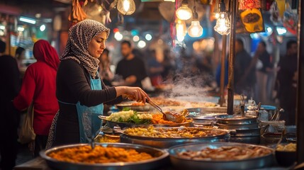 A woman in a hijab prepares delicious street food at a vibrant night market, surrounded by colorful dishes and a lively atmosphere. 