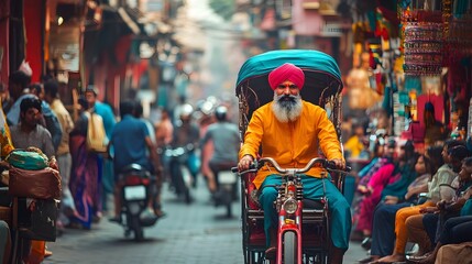 Naklejka premium A vibrant street scene featuring a turbaned man riding a rickshaw through a bustling market full of people and colorful stalls in a lively urban setting. 