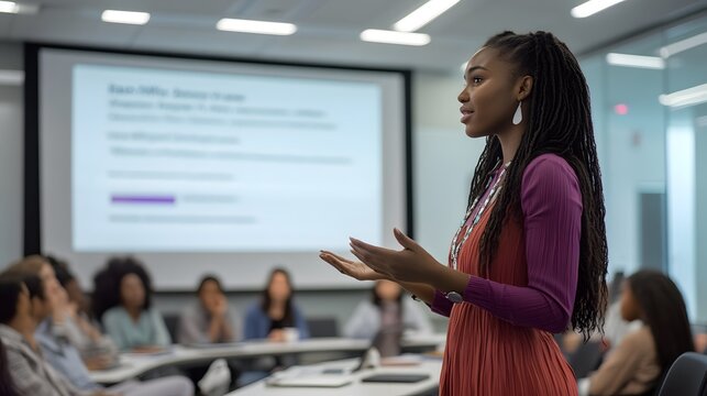 A young Black woman giving a presentation in a modern conference room, with a large screen displaying her slides, and a mixed audience of colleagues engaged and taking notes. A confident female speake