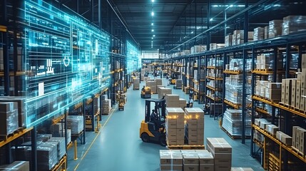 A modern warehouse interior featuring automated storage solutions and a forklift navigating through neatly organized pallets, showcasing advanced logistics technology.  - Powered by Adobe