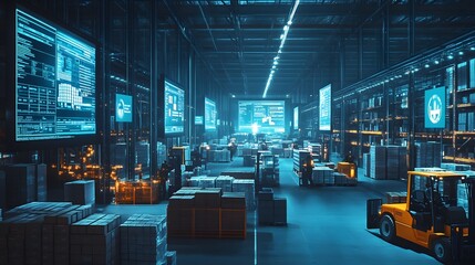 A modern warehouse filled with organized pallets, advanced technology displays, and a forklift, showcasing efficient logistics and inventory management. 