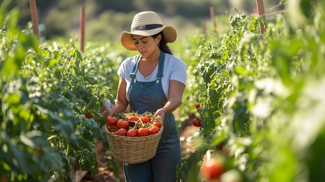 A woman wearing a straw hat and overalls gathers ripe tomatoes in a lush green garden under the warm sunlight. 