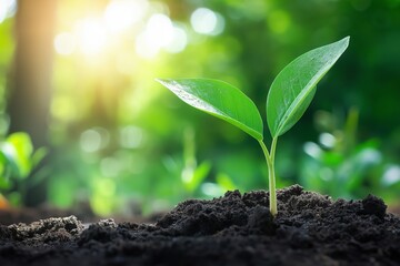 A green sprout with two leaves emerging from rich, dark soil, bathed in sunlight, signifying new growth and life.