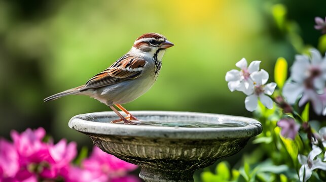 Chipping Sparrow (Spizella passerina) perched on a low branch in a suburban garden, with a birdbath and blooming flowers in the background.. A beautiful sparrow perched on the edge of a birdbath surro