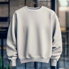 A plain, light grey sweatshirt mockup displayed against a blurred indoor background, ideal for fashion and apparel marketing. 