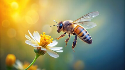 Flying honey bee pollinating a flower in a minimalist style, black, delicate, outdoor, nature, harmony, spring, design, blossom, environment, eco-friendly, minimalist, plant, flower, flying