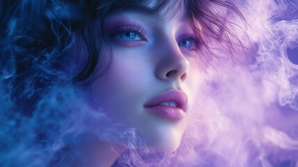 Fototapeta premium ethereal woman encased in swirling violet mist isolated on soft azure backdrop dreamy portrait with otherworldly atmosphere blending fashion and fantasy elements