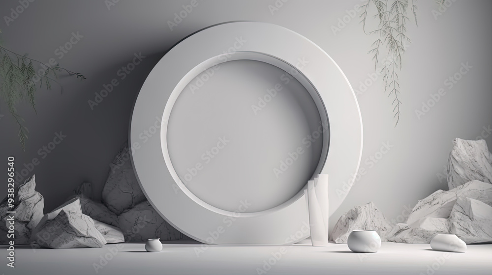 Poster Interior with circular architecture form in 3D style. Abstract room with arc element and trees.