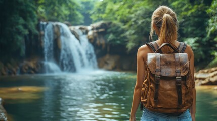 Young Woman with Backpack Looking at Waterfall in Tropical Forest - Travel and Adventure Concept in High-Resolution Photography

