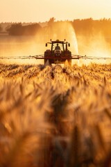 Fototapeta premium A tractor plows through a field of golden wheat, with the sun shining down
