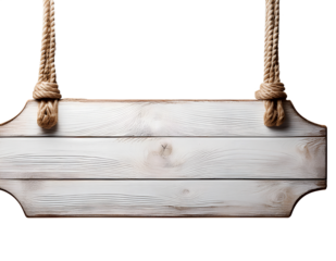 White wooden sign cut out on PNG that is suspended from a rope 