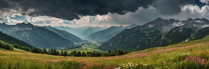 panorama, nature, flower, meadow, mountain, travel, summer, landscape, grass, beautiful, sky, background, outdoors, scenery, cloud, valley