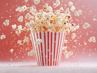 An image of an explosion of popcorn bursting out of a striped paper tube, styled with motion blur to convey dynamic movement.