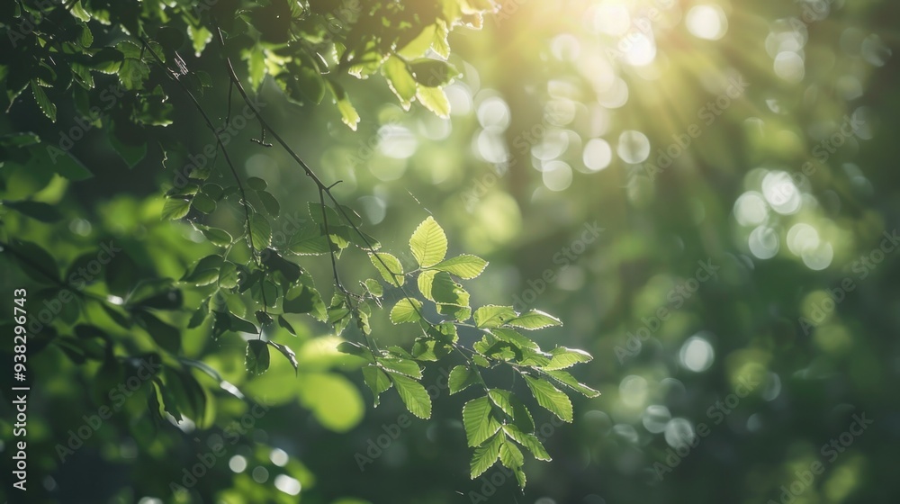 Poster A serene scene with sunlight shining through the leaves of a tree, creating dappled patterns on the ground