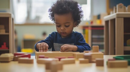 A focused young child engages in creative play with colorful wooden blocks in a bright classroom setting, symbolizing joy and learning. 