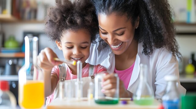 A joyful mother and daughter engage in a fun science experiment at home, showcasing a bonding moment filled with curiosity and exploration. 