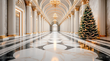 Fototapeta premium Elegance of the Holiday Season A Luxurious Interior Adorned with a Majestic Christmas Tree Illuminating the Room with Festive Warmth and Timeless Sophistication