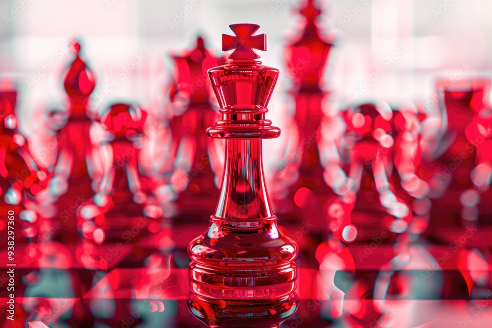 Poster a close-up view of a glass chess board featuring a single red chess piece