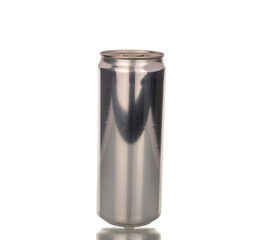 Metal can with drink, macro, isolated on white background.