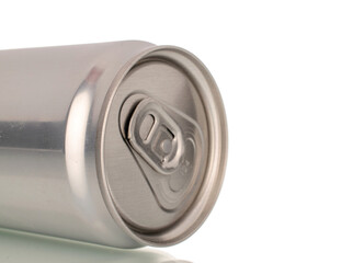 Metal can with drink, macro, isolated on white background.