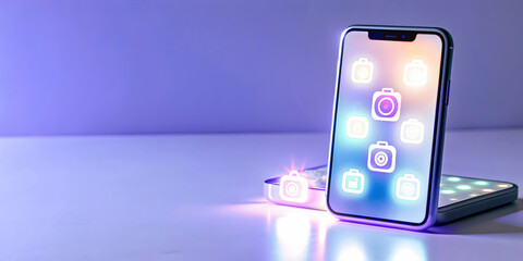 Smartphone with holographic reminder icons on white background for focus and productivity in virtual meetings. Minimalist and sleek setup.