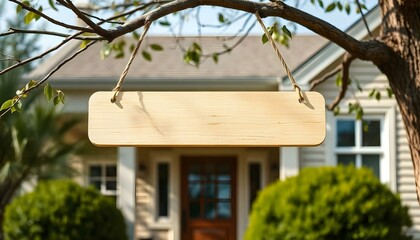 Light wooden empty nameplate hanging on a tree branch in front of the house