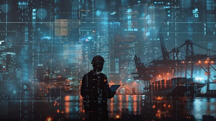 Mastering the Digital Harbor: A lone engineer navigates the complexities of global logistics, tablet illuminating the night as data streams from a futuristic shipping port.