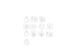 Beauty and spa Ecology set icon. Windmill, earth, plant, nature, hand, ecological food, charging cable, solar panel, solar energy, tag, natural product, biofuel, icon design out line illustrator.