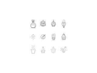 Beauty and spa Ecology set icon. Windmill, earth, plant, nature, hand, ecological food, charging cable, solar panel, solar energy, tag, natural product, biofuel, icon design out line illustrator.