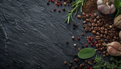 Fototapeta premium Aromatic Culinary Canvas: Fresh herbs and spices artfully arranged on a dark slate backdrop, inviting culinary creativity. 