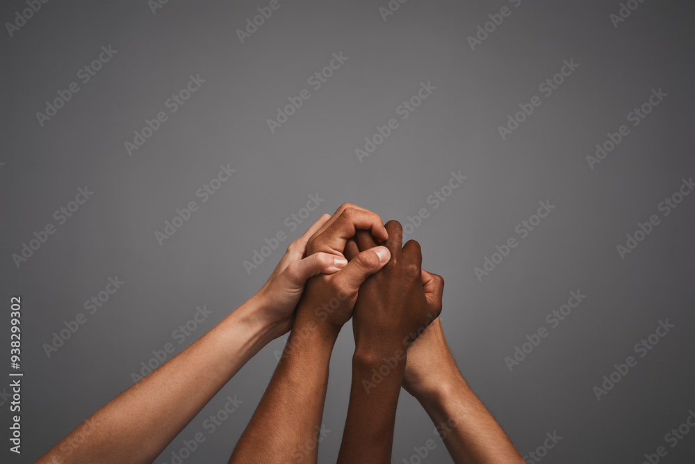 Wall mural Teamwork, support and hands in studio for diversity, inclusion and acceptance against discrimination. People, society or community with trust for solidarity, awareness and mockup by gray background