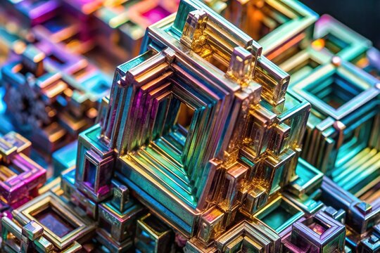 Bismuth crystal forming iridescent geometric structures at a tilted angle, patterns, geometric, reflection, crystal, close-up, shiny, mineral, unique,iridescent, element, natural