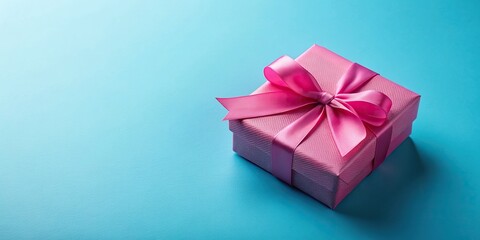 Fototapeta premium Gift pink box with ribbon on a blue background, positioned asymmetrically, ribbon, anniversary, special occasion, festive, holiday, celebration, present, elegant, birthday, box