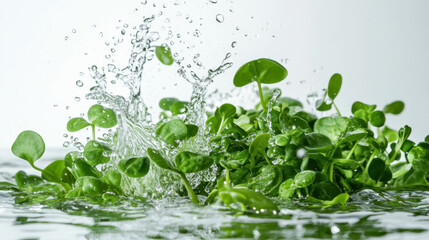 Fresh microgreen leaves splashing in clear water on a light background. Concept of freshness food, healthy lifestyle and vegan