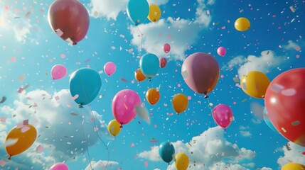 Blue sky filled with colorful balloons and confetti.